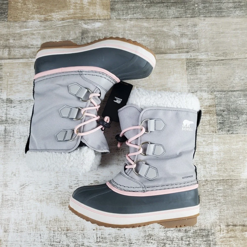 Sorel Yoot Pac Nylon Kids Snow Boots Sz 1 Dove Gum Gray Leather Waterproof
